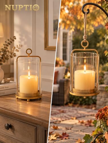 NUPTIO Gold Lanterns Set of 2 Hurricane Glass Candle Holders for Pillars