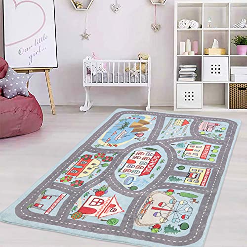 Extra Large Kids Playroom Rug Play Carpet 4’ x 6’, Blue Educational Children’s Play Mat, Learning & Have Fun Safely Non-Slip Washable Road Traffic Floor Area Carpet, Great for Kids Room Bedroom