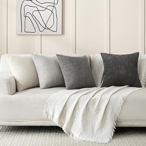 Volcanics Set of 4 Neutral Grey Corduroy Decorative Couch Throw Pillow Covers 18x18 Inch, Western Modern Farmhouse Striped Cushion Cases, Soft Boho Square Accent Pillow Covers for Home Sofa