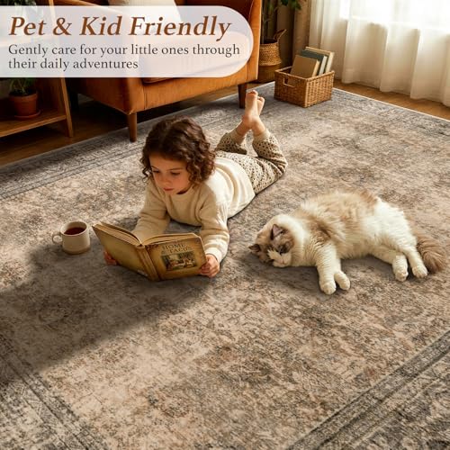 2x6 Washable Area Rug, Vintage Boho Traditional Pattern, Non-Slip Stain Resistant Rug for Living Room Bedroom(2x6,Brown/Boho)