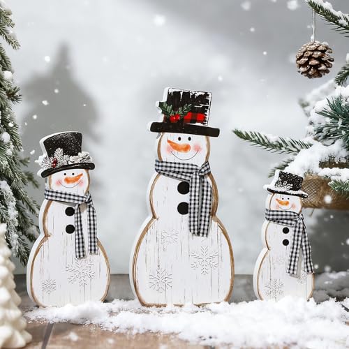 COCHIE Snowman Christmas Decorations Indoor, Cute Winter Tiered Tray Decor Set of 3, Wooden Snowman Blocks Xmas Table Decoration for Party Home Office Shelf Door (Vintage)