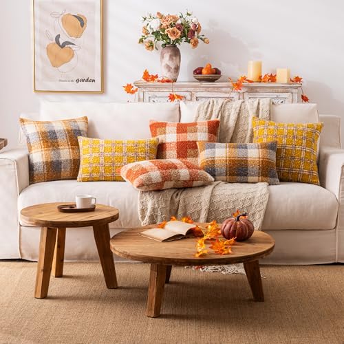 Plaid Fall Throw Pillow Covers Orange 24x24 Inch Set of 2