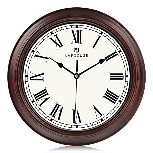 Lafocuse 12 Inch Mahogany Color Wall Clock Roman Numerals, Silent Analog Wall Clock Battery Operated for Kitchen Living Room Bedroom, Retro Home Décor