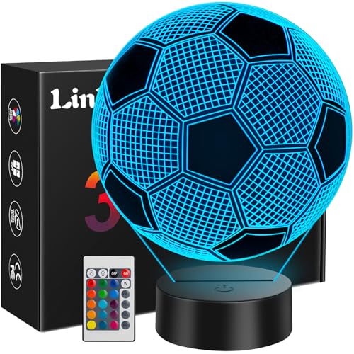 Linkax Soccer Gifts for Teens Boys Girls, Soccer Ball 3D Illusion Lamp Night Light Room Decor, 16 Colors Change 6 7 8 9 10 11 12 Year Old Boy Sports Fan Birthday Gifts
