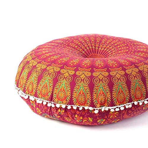 Mandala Floor Pillow Cover Meditation Cushion Seating Throw Hippie Round Colorful Decorative Bohemian Indian Pouf Ottoman Handmade Cover ONLY (A1 Burgundy, 32" x 32")