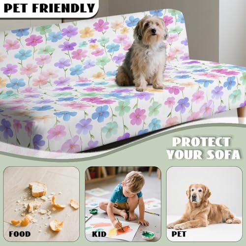 Colorful Cherry Blossom Print Armless Futon Sofa Cover, Anti Scratch Furniture Protector Breathable Folding Sofa Bed Slipcover with Stretch Bottom for Kids and Pets