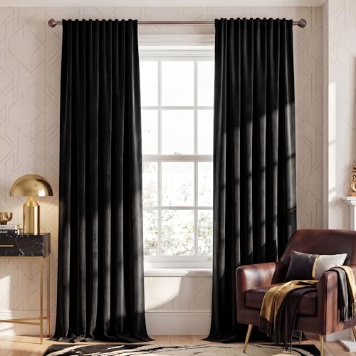 NICETOWN Black Velvet Curtains 84 inch Long 2 Panels, Rod Pocket & Back Tab Heavyweight Luxury Blackout Window Treatments Sliding Glass Door Winter Drapes for Bedroom, W52 x L84