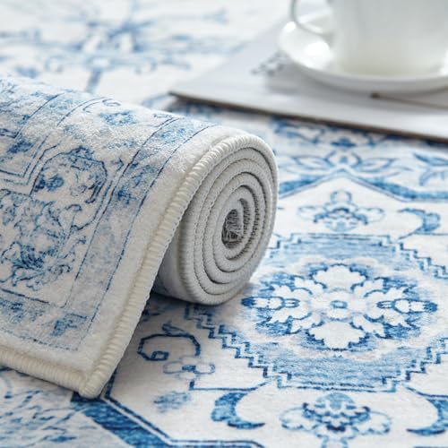 jinchan 2x3 Vintage Floral Washable Small Area Rug, Blue/White