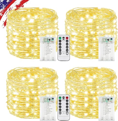 4Pack 80FT 240LED Fairy Lights Battery Operated with Remote & Timer | 8 Modes Twinkle String Lights Battery Powered Indoor Outdoor Waterproof for Bedroom Wedding Classroom Christmas Décor, Warm White