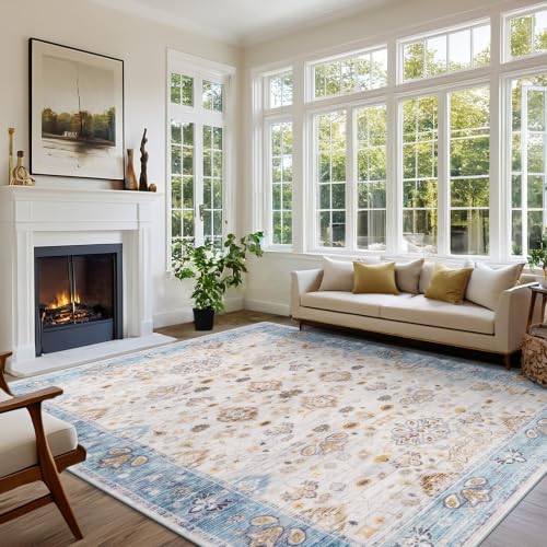 4x6 Area Rugs for Living Room, Washable Rug Vintage Floral, Blue