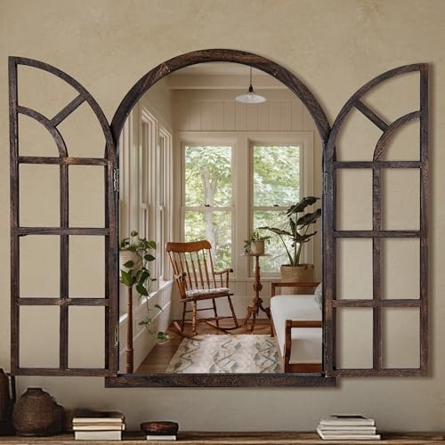Arched Wall Mirror with Window Pane Design 36x24 Inch Rustic Farmhouse Wood Decorative Mirror for Living Room Bedroom Entryway