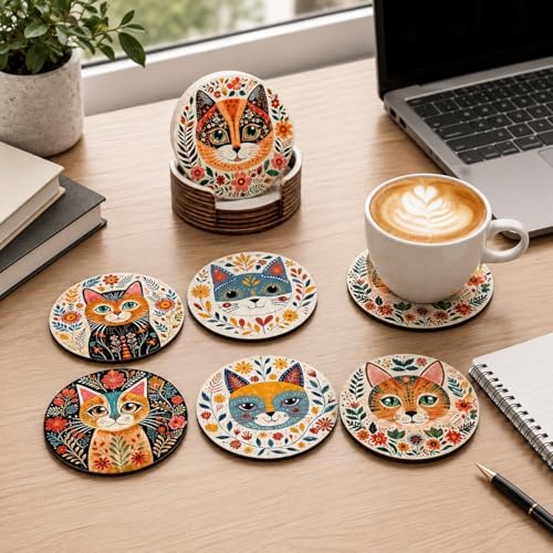 6pcs Vibrant Cat Coasters - 3.93" Floral & Leaf Patterns, Heat-Resistant Plastic Cup Coasters for Home, Bar, O