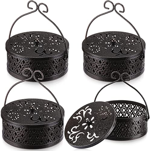 Lallisa Incense Coil Holder Sets, Round Metal Hanging Incense Burner with Handle and Lid, Portable Coil Burner Stand Container for Patio Camping Garden Home Indoor Outdoor Decor(Bronze Color,4 Pcs)