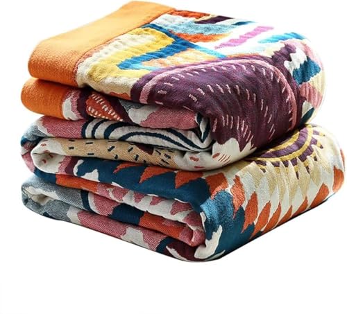 Boho Throw Blanket for Bed 100% Cotton Bohemian Blankets Ultra Soft Woven Muslin Decorative Blankets All Seasons Vintage Quilt Knitted Blanket for Sofa Chair (Colorful, 50"x60")