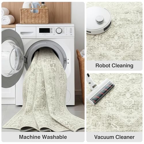 FMFUNCTEX 4x5 Washable Green Neutral Oriental Distressed Entryway Area Rug