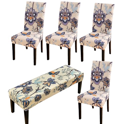 HAPPYDOG Stretch Dining Chair Covers Removable Washable Slipcovers for Home Party Hotel Wedding Ceremony (BB-Flower, Pack of 5)
