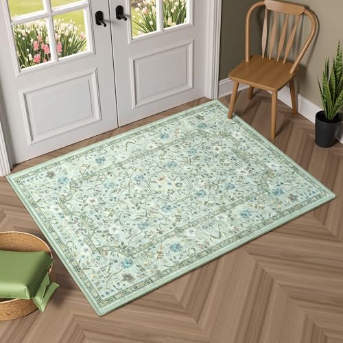 Vasofe 2x3 Area Rug for Bedroom, Small Rugs for Entryway, Kitchen, Bathroom, Non-Slip Washable Carpet Soft Low Pile Vintage Floral Light Green Mat Front Door Mats for Indoor Entrance