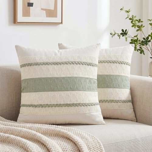 Fancy Homi Set of 2 Sage Green Boho Decorative Throw Pillow Covers 18x18 Inch for Living Room Bedroom Couch Bed Sofa Chair, Rustic Retro Cushion Case 45x45 cm, Bohemian Room Home Decor