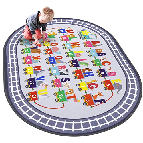 Small Playroom Rug, Kids Playmat ABC Alphabet, Numbers, Train and Road Themed Play Mat Educational Floor Carpet for Classroom Kids Bedroom Decor,Grey, 3'3" x 5'