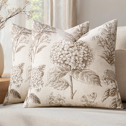 Set of 2 Decorative Floral Neutral Pillow Covers 18x18 Inch Light Brown Hydrangea Print Outdoor Boho Vintage Throw Cushion Covers for Sofa Couch Porch Bedroom Living Room Summer Home Decor