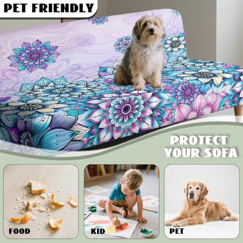 Purple Bohemian Flowers Stretch Sofa Couch Slipcovers Without Armrest, Furniture Protector for Kids and Pets Elastic Fabric Futon Slipcover Non Slip Protector