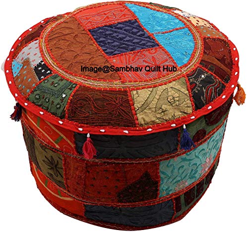 Multi Decorative Multi Patch Indian Hippie Embroidery Vintage Cotton Floor Pillow & Cushion Patchwork Bean Bag Chair Cover Boho Bohemian Hand Embroidered Handmade Pouf Ottoman Cover (14X22 inch)