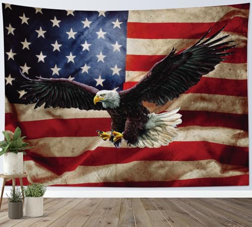 HVEST American Flag Tapestry Wall Hanging Bald Eagle on Vintage Stars and Striped USA Flag Tapestry for Bedroom American Flag Wall Art Tapestries for Living Room College Dorm Party,40L X 60W inches