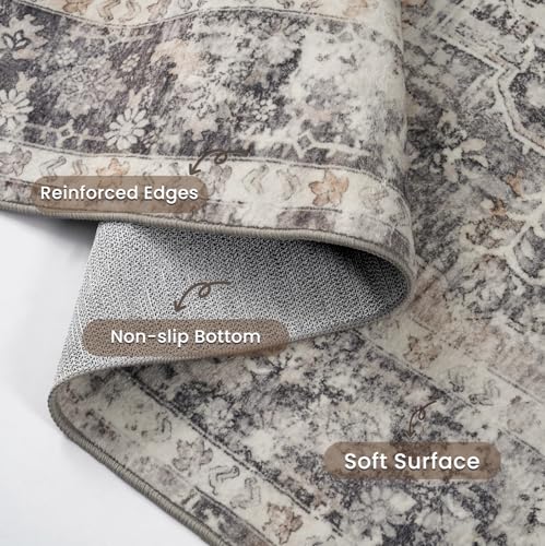 YOH Boho Washable Rug 5x7, Charcoal Gray Vintage Non Slip Area Rug, Distressed Indoor Carpet for Living Room Bedroom Kitchen Office