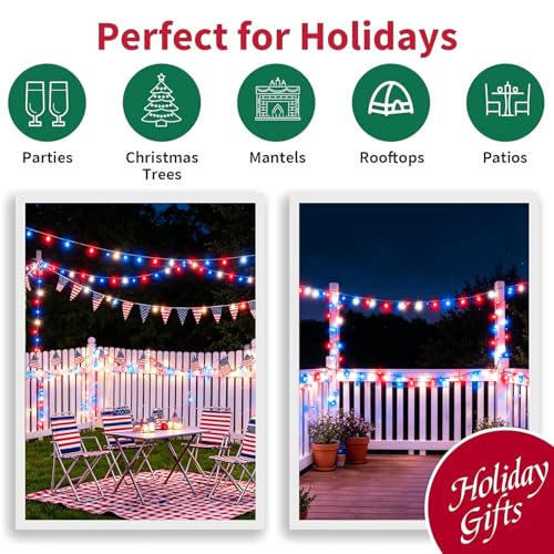 LAMPHOME Red White and Blue Patriotic Mini String Lights, 31.9FT 150 Incandescent Lights, Connectable 120V Waterproof Green Wire, 4th of July Independence Day Decor for Indoor Outdoor Christmas Party