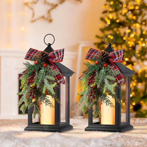 Christmas Decorative Lantern with LED Candle – Black Holiday Lantern with Pinecones, Red Bow – Battery Operated Christmas Table Centerpiece for Indoor/Outdoor Decor(2pack)