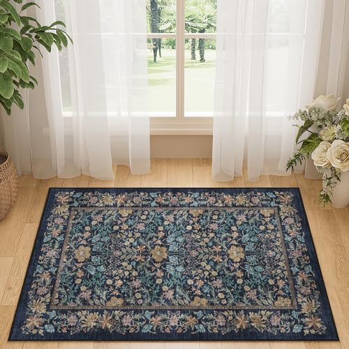 2x3 Entryway Rug, Washable Vintage Floral Area Rug, Dark Blue
