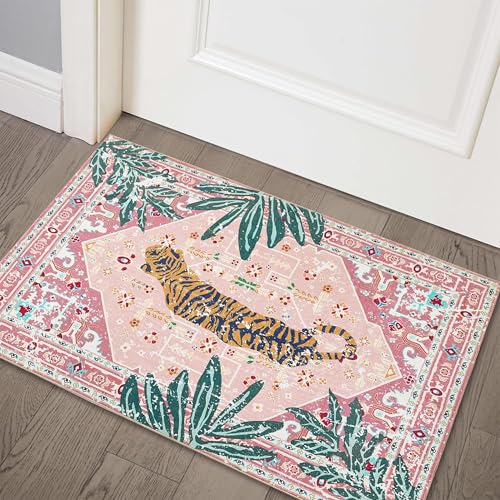 Hippie Rugs, 2x3 Faux Wool Tropical Pink Boho Throw Rugs for Bathroom Kitchen Small Indoor Entryway Rug Modern Vintage Distressed Indian Accent Floor Mat Non-Slip Washable