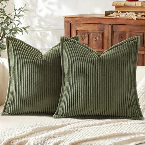 Mecatny Corduroy Summer Throw Pillow Covers 18x18 Set of 2, Neutral Decorative Soft Boho Couch Pillow Covers with Broadside for Sofa Living Room, Olive Green