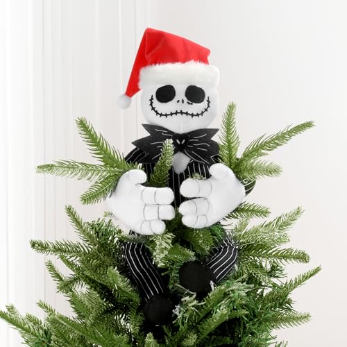 Tree Topper Decorations for Halloween and Christmas, Cute Plush Jack Huggers with Santa Hat, Poseable Handmade Tree Topper Party Decor