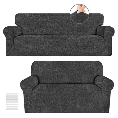 URBANLIFE Stretch Sofa Covers & Loveseat Couch Covers for Living Room Slipcover Set, 2-Pieces Machine Washable Couch Cover, Charcoal Gray