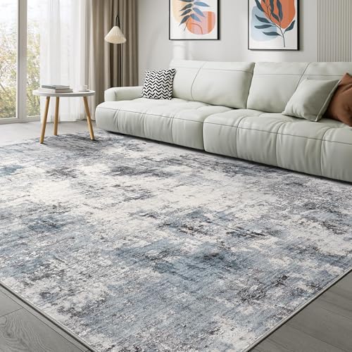 Abstract 9x12 Area Rug: Machine Washable Non Slip Ultra Thin Low-Pile Carpet, Soft Stain Resistant for Living Dining Room Bedroom, Kid Pet Friendly, Robot Vacuum Compatible - Grey Blue