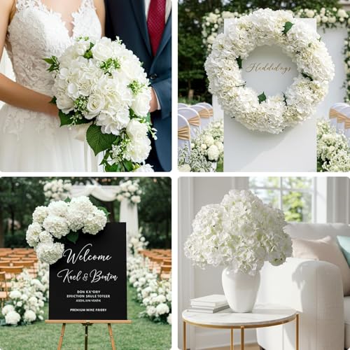 Auihiay 10PCS Hydrangea Artificial Flowers, Faux White Flowers for Wedding Centerpieces, DIY Bouquets, Bridal Shower, Floral Decor Home Decoration with Stems (VASE NOT Included)