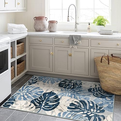 Wonnitar Tropical Washable 3x5 Entry Rug, Leaf Blue Small Rugs for Bedroom, Botanical Non-Slip Living Room Carpet Low Pile Indoor Floor Carpet for Mud Room Dining Table Doorway