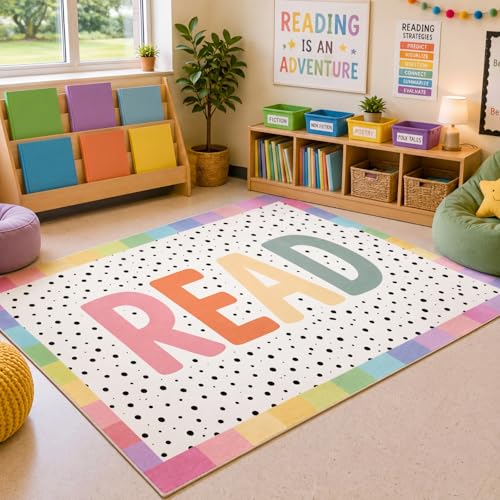 Suclain Large Classroom Rug 4 x 6 ft Reading Corner Rug Boho Pastel Washable Non Slip Large Area Carpet for Back to School Decor Mat for Library, Playroom, Daycares, Learning Space Activities Supplies
