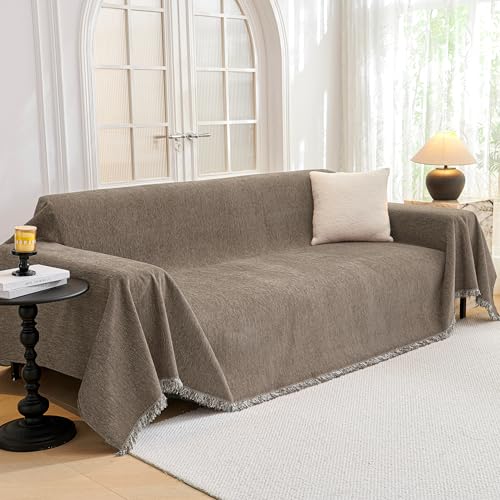 MYSKY HOME Couch Cover for Dogs Washable Couch Covers Couch Covers for Sofa Couch Cover 2 Cushion Sofa Non Slip Dogs Furniture Protector with Tassels Chenille Sofa Covers for Pets, 71"x102", Sand