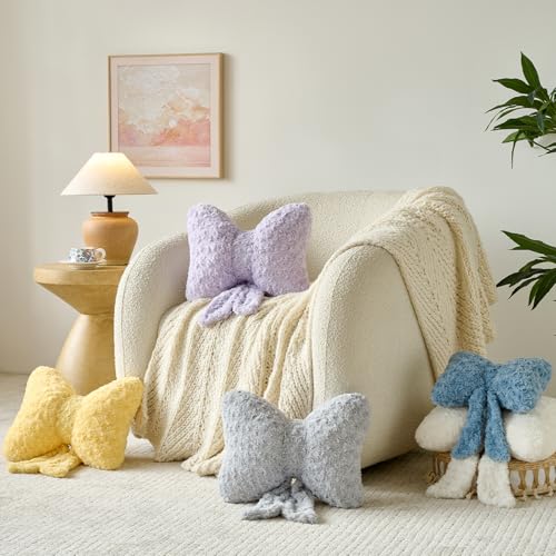 Bow Pillow, Decorative Bow Pillows with Soft Plush for Couch Bed, Bow Shaped Throw Pillow Room Decor for Bedroom, Bow Decorative Pillow for Living Room (White, Small-12 Inches)
