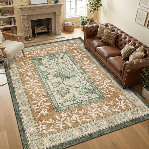 GarveeHome Terracotta Olive Sage Green 2x6 Washable Kitchen Runner Rugs Non Slip Provence Botanical Grove Vintage Boho Cottage Long Rug for Hallways Bedroom TPE Rubber Backing