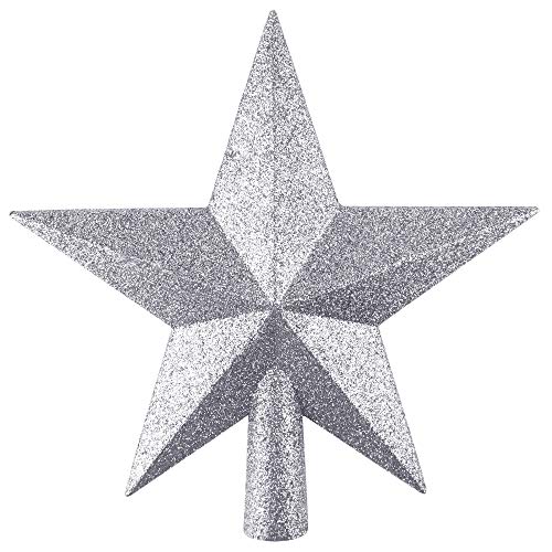 FEPITO Glitter Star Mini Christmas Tree Topper Shatter-Proof Small Christmas Tree Decoration Treetop for Holiday Ornament or Home Décor (Silver, 4.3 inches)