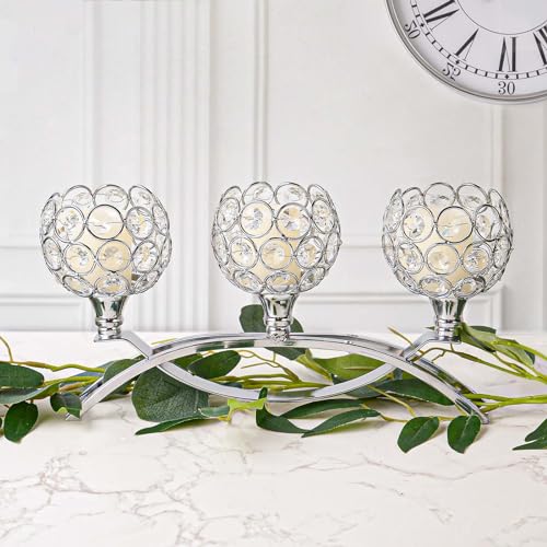 Crystal Tealight Candle Holder Centerpiece Home Decorative Candlestick Holder Elegant Table Centerpiece Home Decor Wedding Party Anniversary (Silver, 3 Arm)
