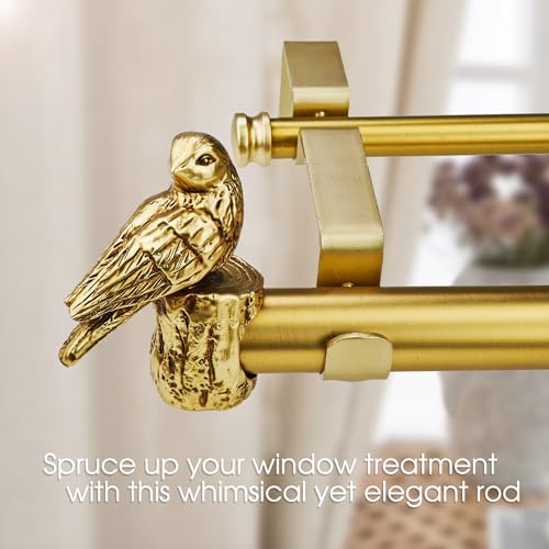 1-1/8 Inch Diameter Brushed Gold Curtain Rod with Bird Design Finials, 36-72'' Telescoping Double Curtain Rods for window width 24-68 inch, Decorative Drapery Rods for Bedroom,Living Room