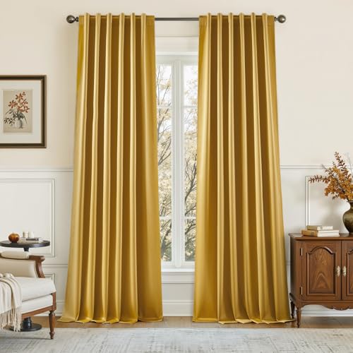 HOMEIDEAS 100% Blackout Faux Silk Curtains,Gold Noise Reduction Thermal Insulated Room Darkening Window Decor, Luxury Vintage Drapes for Bedroom Living Room Dining Nursery, 52 X 84 Inch, 2 Panels