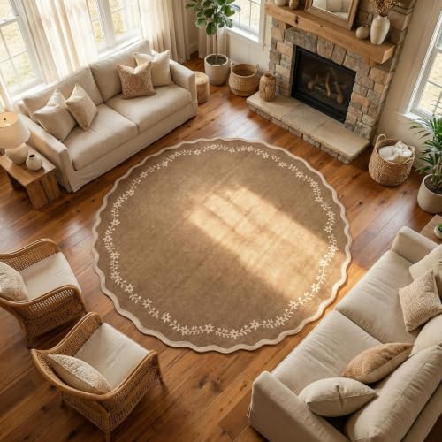 GarveeHome Christmas Round Rugs 6ft Brown Scalloped Washable Circle Rug