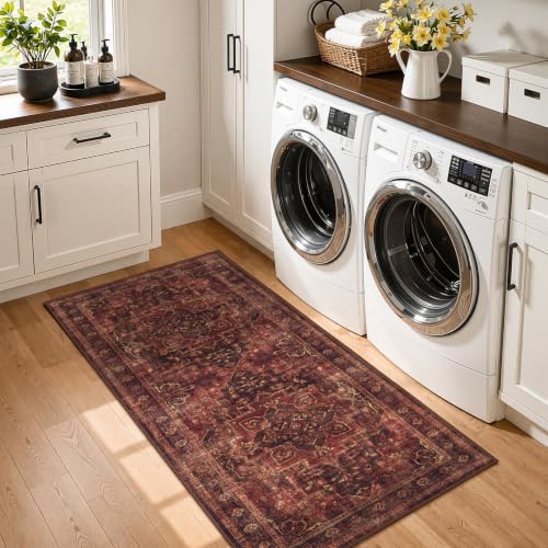 Washable Hallway Runner Rug 2'x5', Vintage Medallion, Dark Red