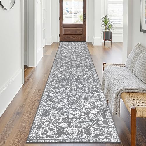 Pauwer Vintage Floral 2x10 Runner Rug Non-Slip Non-Shedding Hallway Rug Runner Soft Machine Washable Carpet Runner Low-Pile Floor Carpet for Entryway Laundry Room Bedroom Kitchen(Grey,2x10Ft)