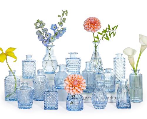 SUPMIND 16pcs Glass Bud Vase Set, Small Blue Flower Vases for Centerpieces in Bulk, Mini Vintage Vase for Wedding, Home Decor, Table Decoration